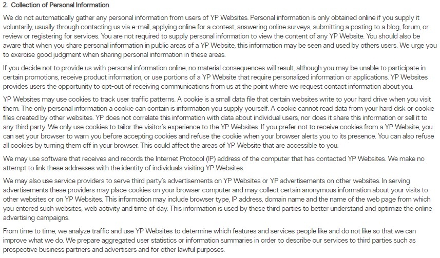 Yellow Pages Privacy Policy Collection of Personal Information